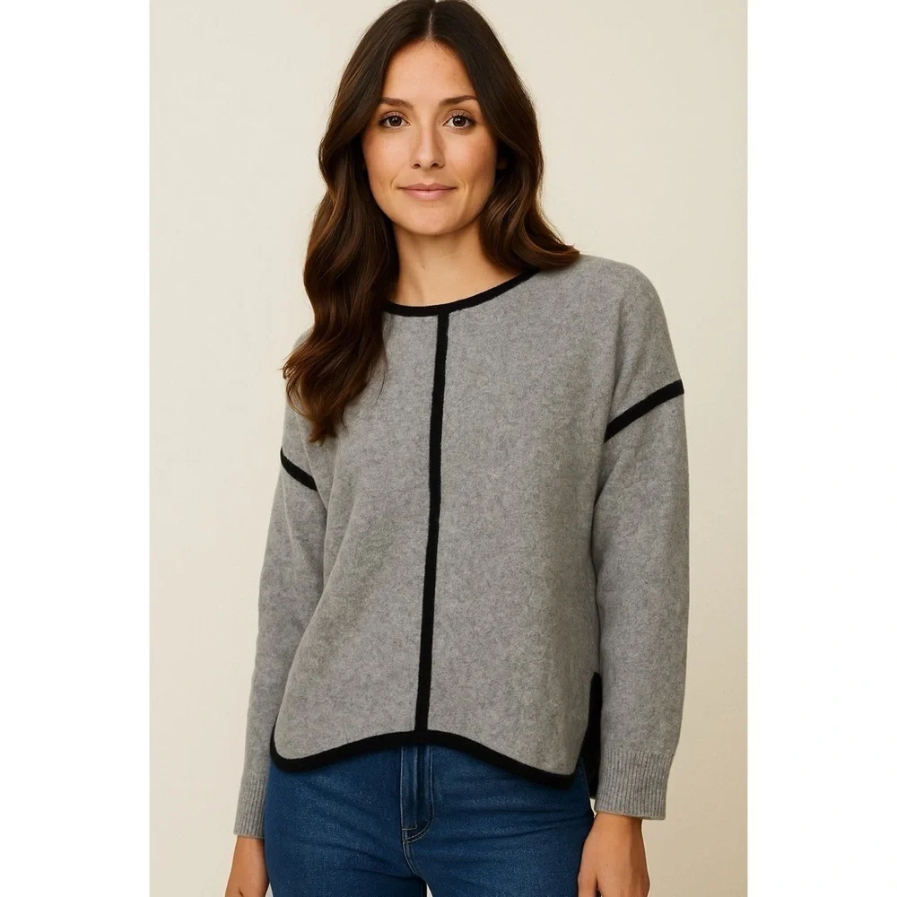 J. Crew Wool Tipped Tunic Black Trim Preppy Academia Heather Gray Sweater Size S